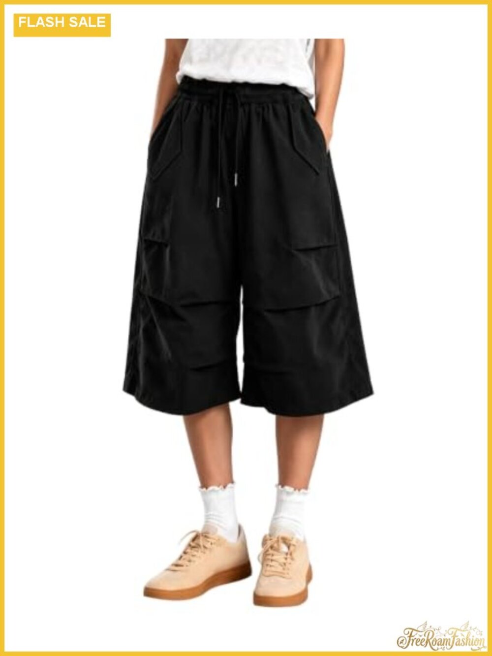 Women's Wide Leg Capri Pants Elastic Waist Baggy Cropped Trousers